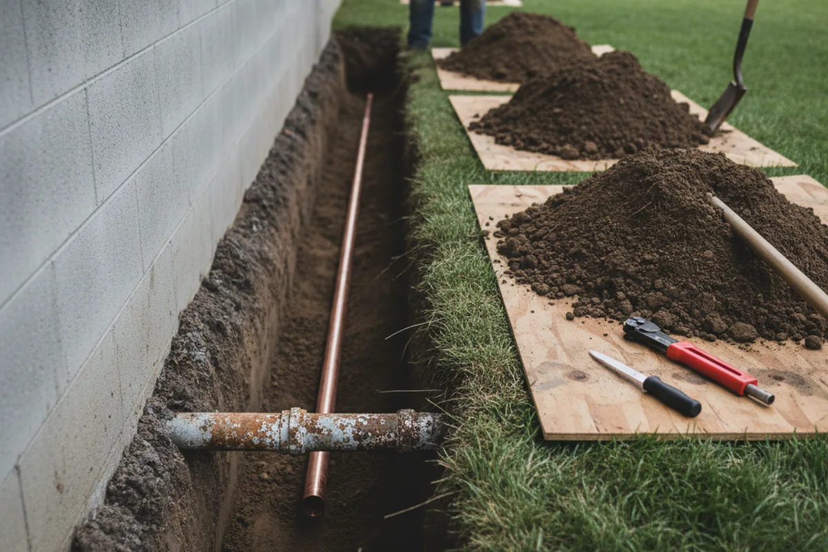 Excavated water line trench during Water Heater Repair in Patagonia